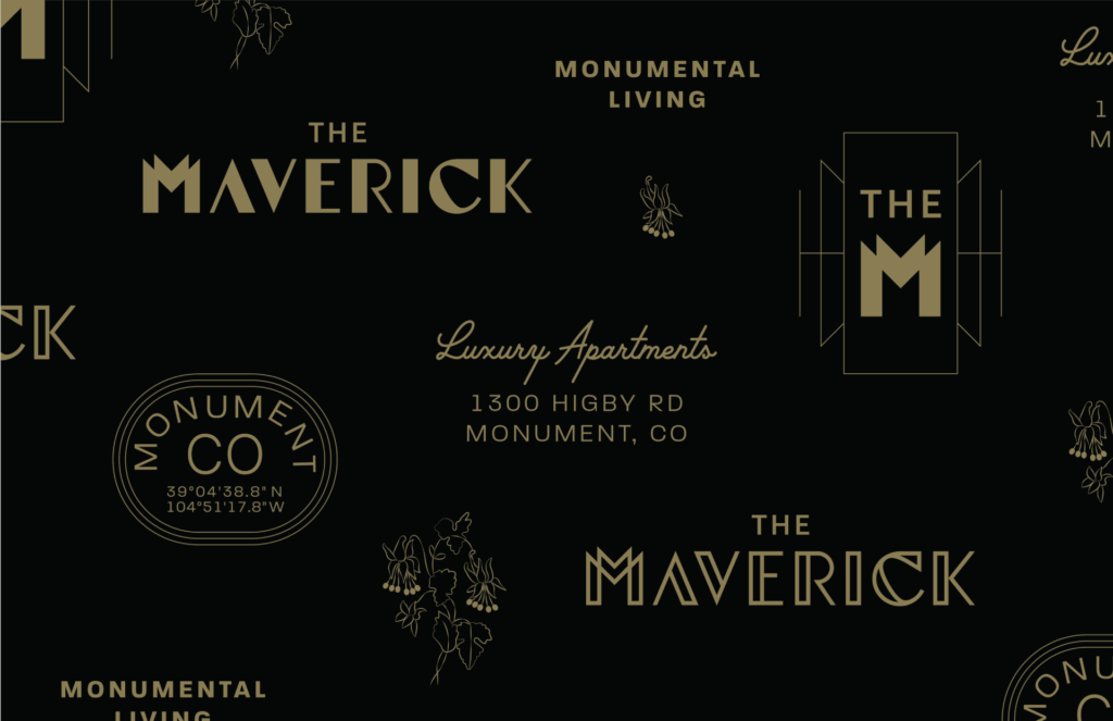 The Maverick monumental living apartment brand identity with Art Deco patterns, geometric designs, and luxury Colorado positioning