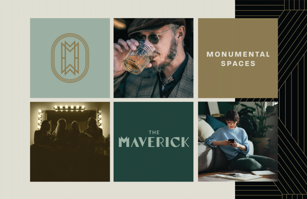 The Maverick apartment monogram logo design with sophisticated lifestyle photography and teal and gold luxury color palette