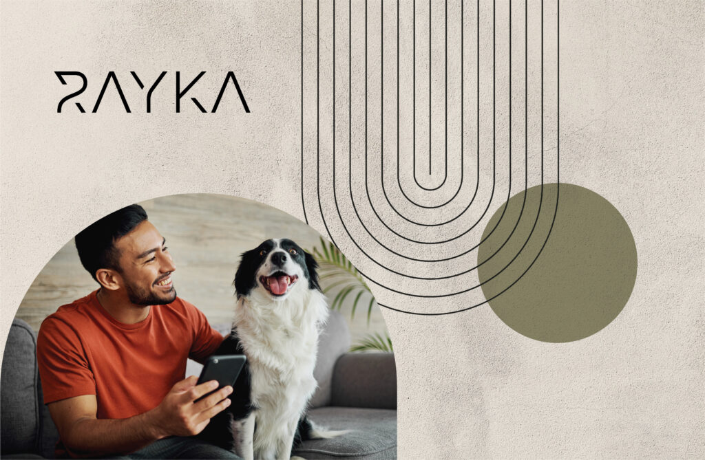 Rayka Omaha apartments modern geometric typography, curved organic patterns, and pet-friendly community brand identity
