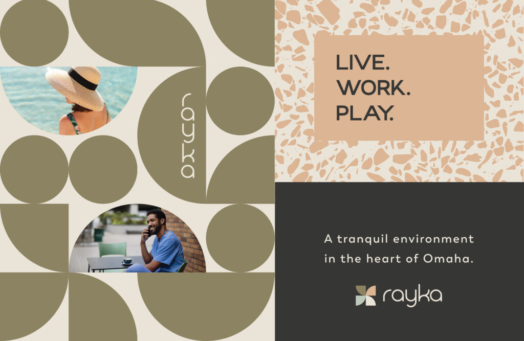 Rayka apartments live work play brand messaging with modern lifestyle photography and urban Omaha Nebraska location positioning