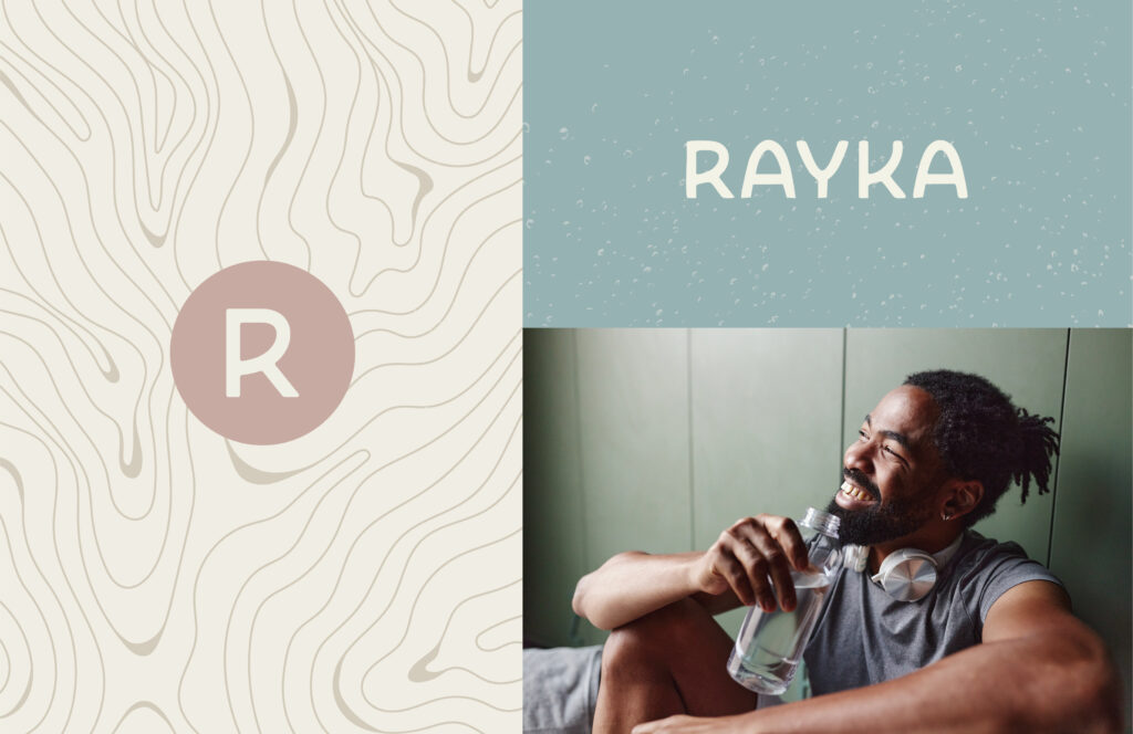 Rayka apartment monogram logo design with topographic pattern elements and modern geometric brand identity system