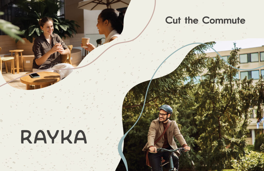 Rayka Omaha apartments cut the commute messaging with urban lifestyle positioning and modern workspace brand identity