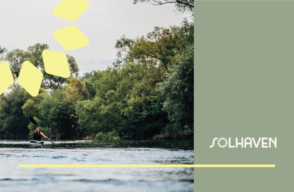 Solhaven apartment logo design with sun icon, yellow geometric shapes, and kayaking lifestyle photography in sage green and yellow color palette