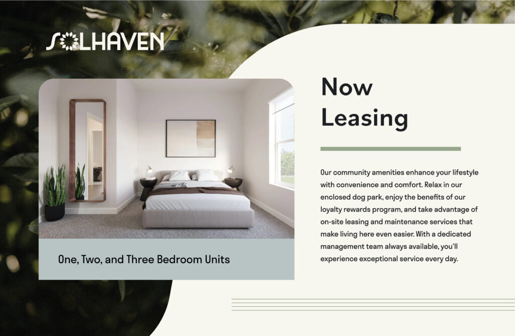 Solhaven apartments now leasing campaign with modern bedroom rendering, organic curved shapes, and nature photography background