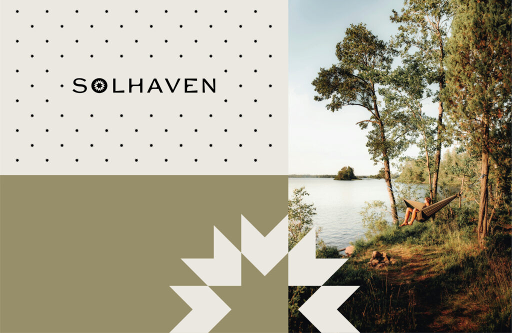 Solhaven logo with sun motif, star pattern elements, geometric arrow design, and lakeside hammock lifestyle photography