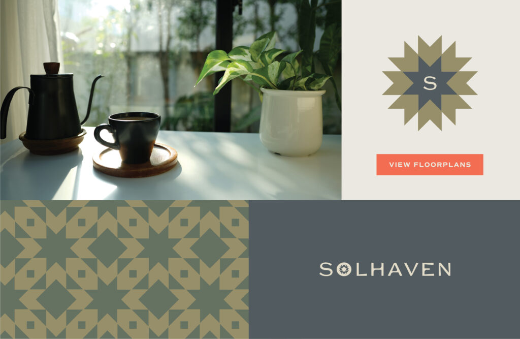 Solhaven apartment brand identity with starburst geometric patterns, modern interior lifestyle photography, and view floorplans call-to-action