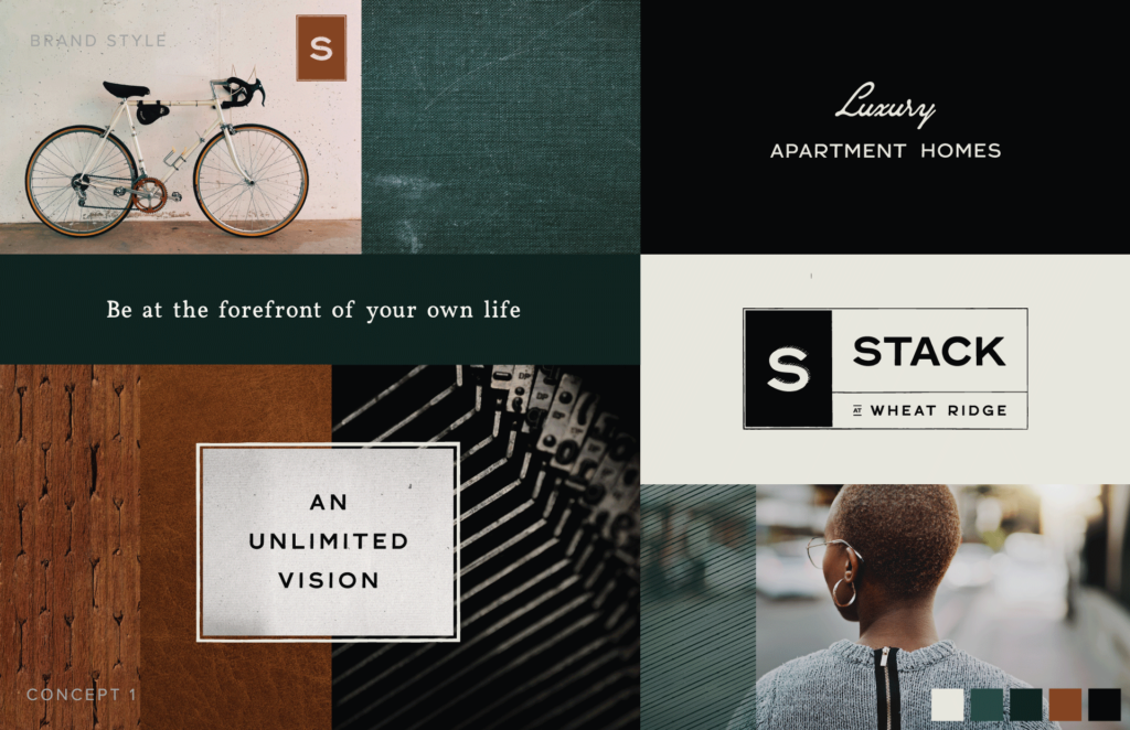 Stack at Wheat Ridge apartment logo design concept featuring vintage bicycle, luxury branding, and unlimited vision messaging with modern geometric elements
