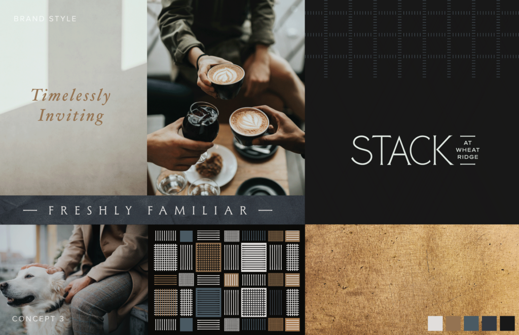 Stack at Wheat Ridge timelessly inviting brand concept with coffee culture lifestyle photography, geometric patterns, and freshly familiar positioning