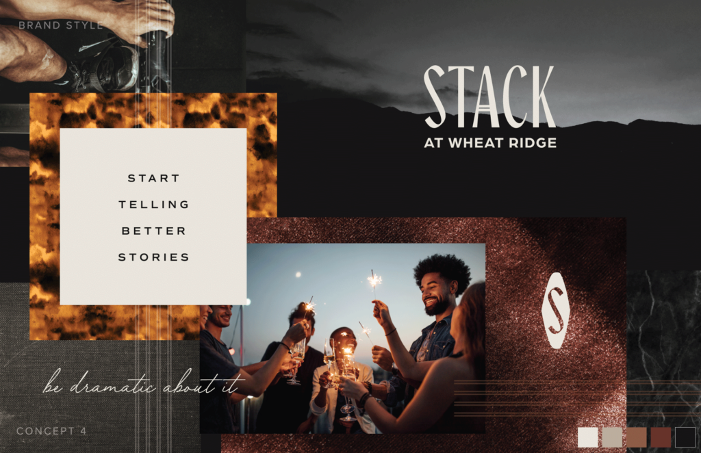 Stack at Wheat Ridge dramatic apartment branding with tortoiseshell pattern, celebration lifestyle photography, and start telling better stories messaging