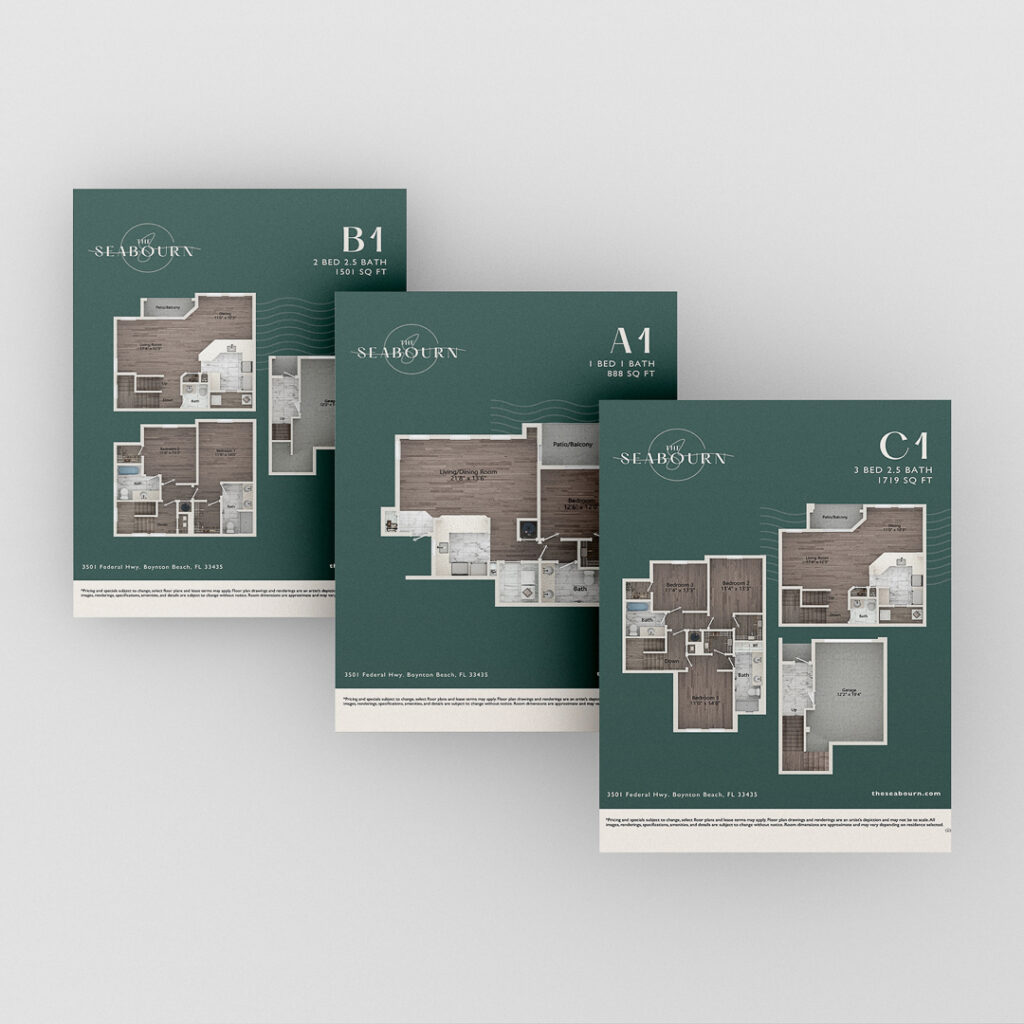 The Seabourn branded circular stickers in teal green with white logo showcasing apartment community brand consistency across small touchpoints