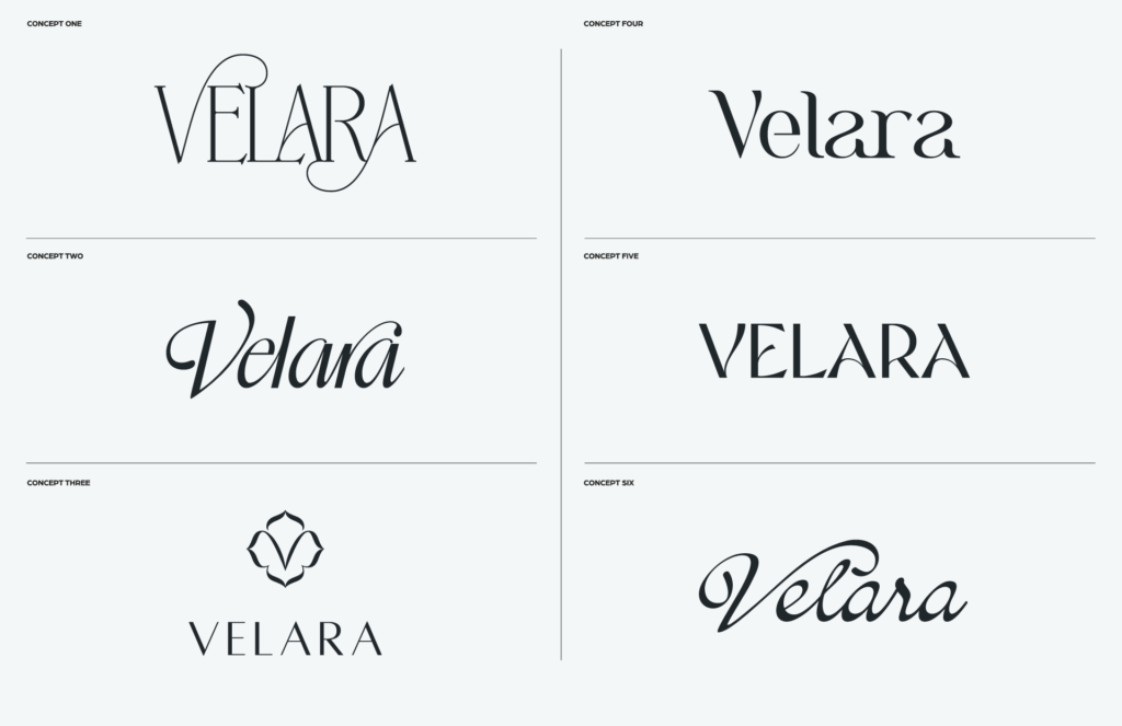 Velara apartment logo design concepts showing six typography variations from elegant script to modern serif for luxury multifamily branding