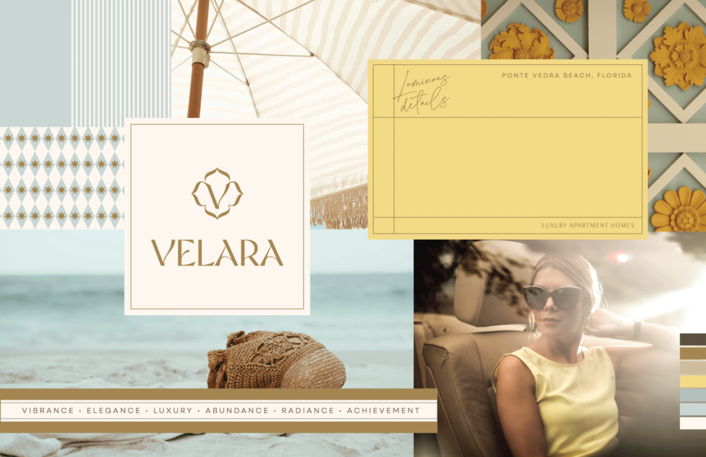 Velara Ponte Vedra Beach Florida luxury apartment brand identity with coastal lifestyle photography, decorative tile patterns, and gold accents