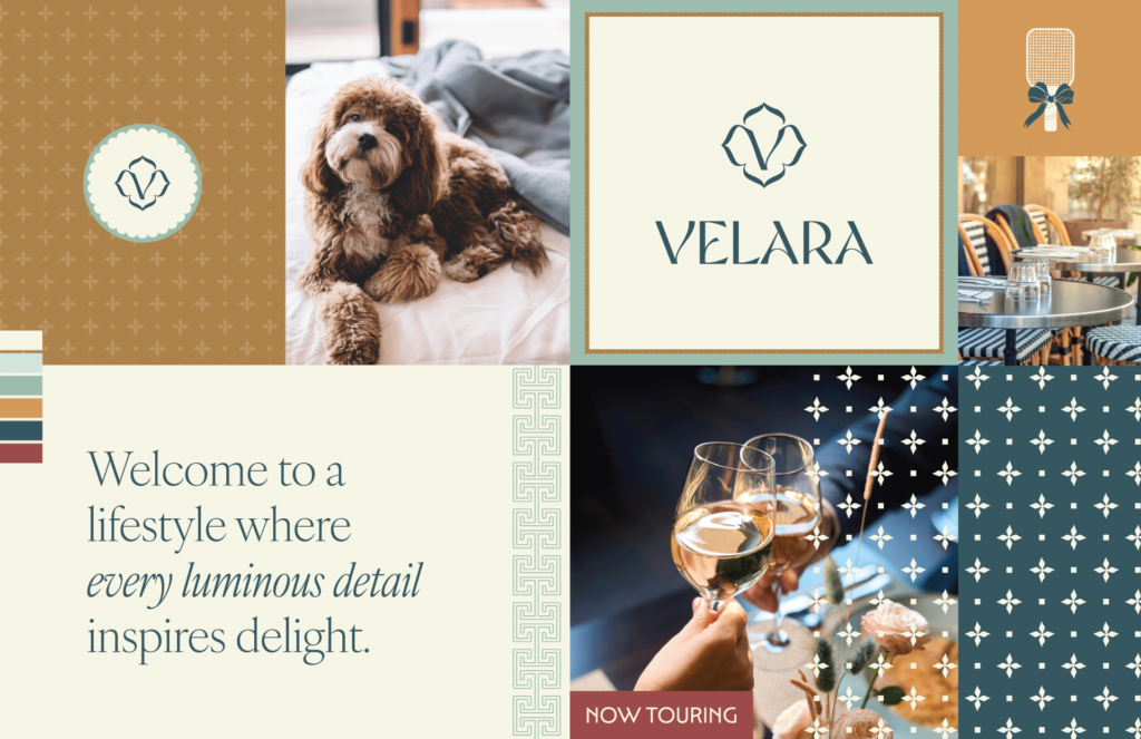 Velara apartment community brand board with pet-friendly lifestyle imagery, geometric patterns, star motifs, and now touring messaging