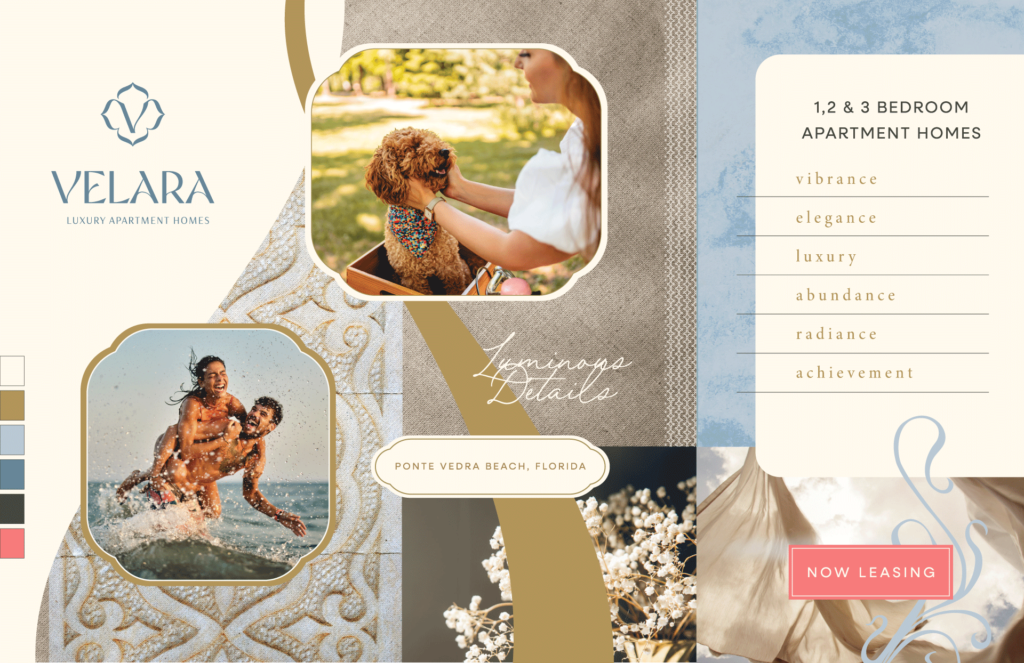 Velara now leasing campaign with beach lifestyle photography, ornate gold textures, brand values, and Ponte Vedra Beach Florida location positioning