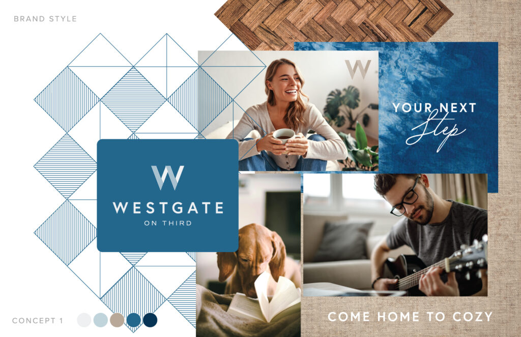 Westgate on Third apartment brand identity with geometric diamond patterns, blue color palette, cozy lifestyle photography, and your next step messaging