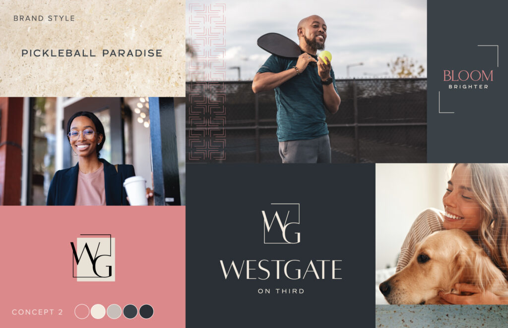 Westgate on Third pickleball paradise apartment branding with pet-friendly lifestyle imagery, coral and green color palette, and bloom brighter positioning