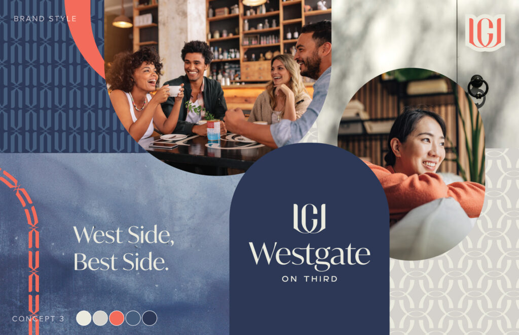 Westgate on Third west side best side apartment community branding with social lifestyle photography, geometric patterns, and circular logo design