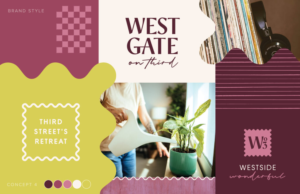 Westgate on Third apartment logo design with vintage stamp aesthetic, wavy organic shapes, plant care lifestyle imagery, and third street retreat positioning