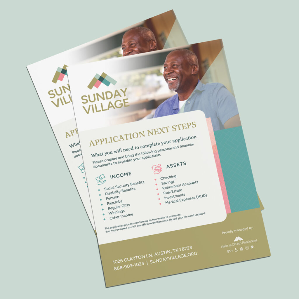 Sunday Village application next steps flyer outlining required income and asset documents for prospective residents