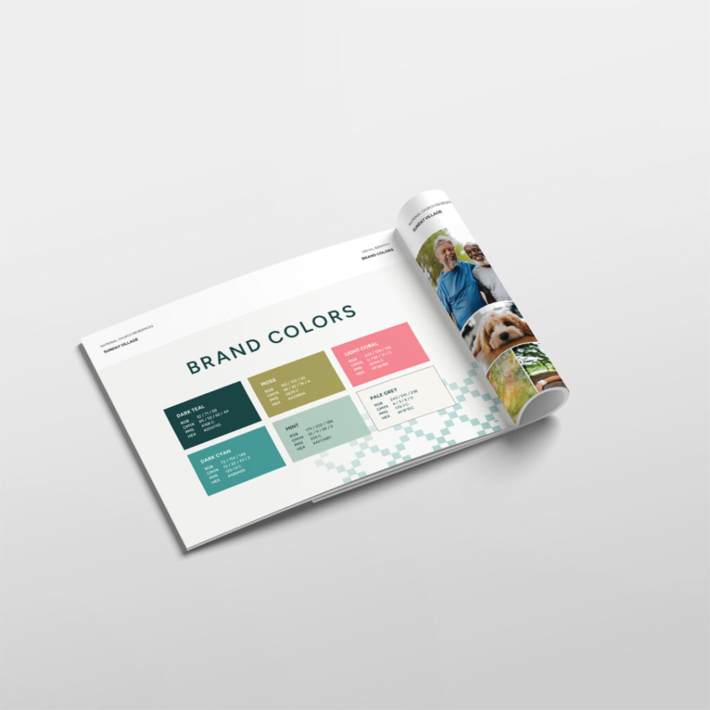 Sunday Village brand guide color palette page featuring dark teal, moss, dark cyan, mint, light coral, and pale grey swatches with color values