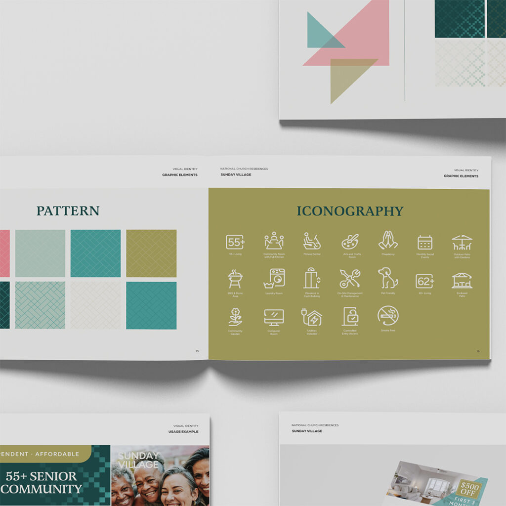 unday Village brand guide graphic elements pages showing brand patterns, custom iconography for amenities, and logo mark detail