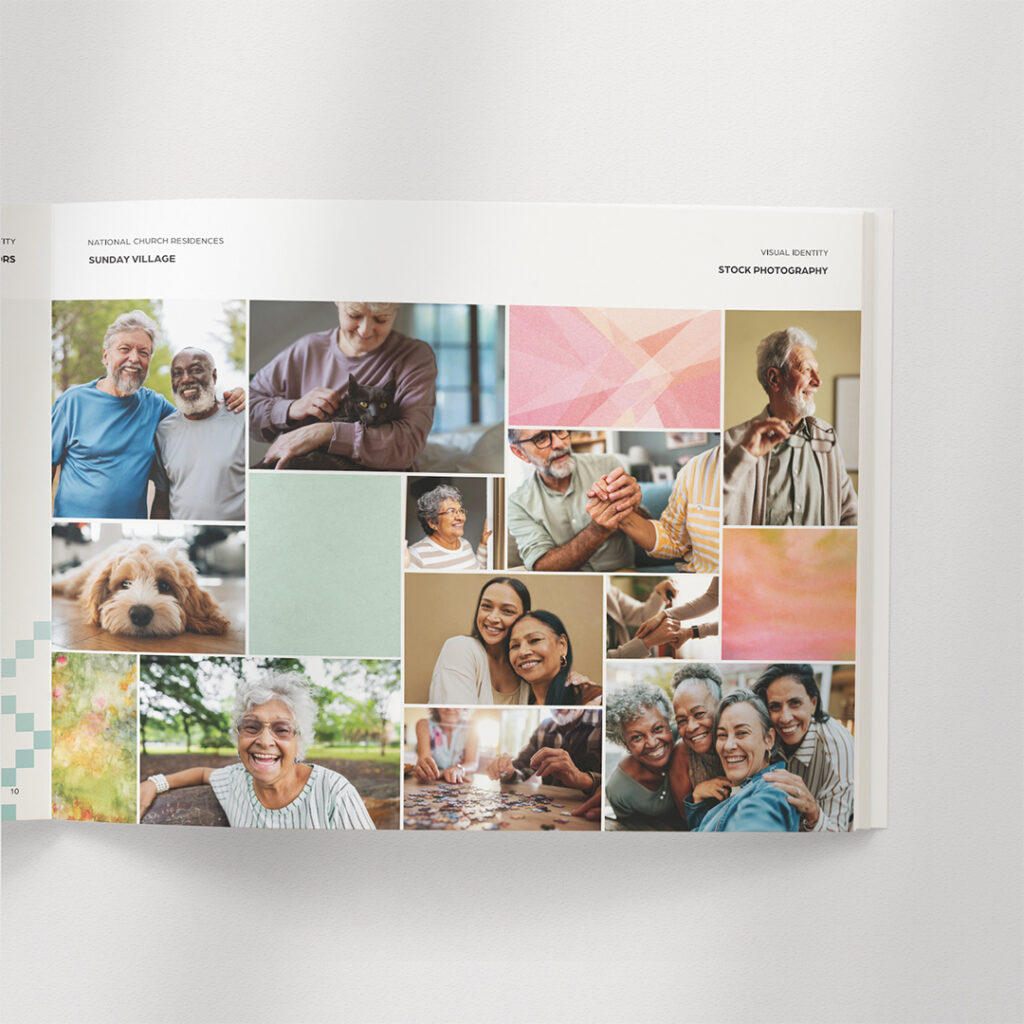 Sunday Village brand guide stock photography page featuring curated lifestyle images of senior residents, pets, and community activities