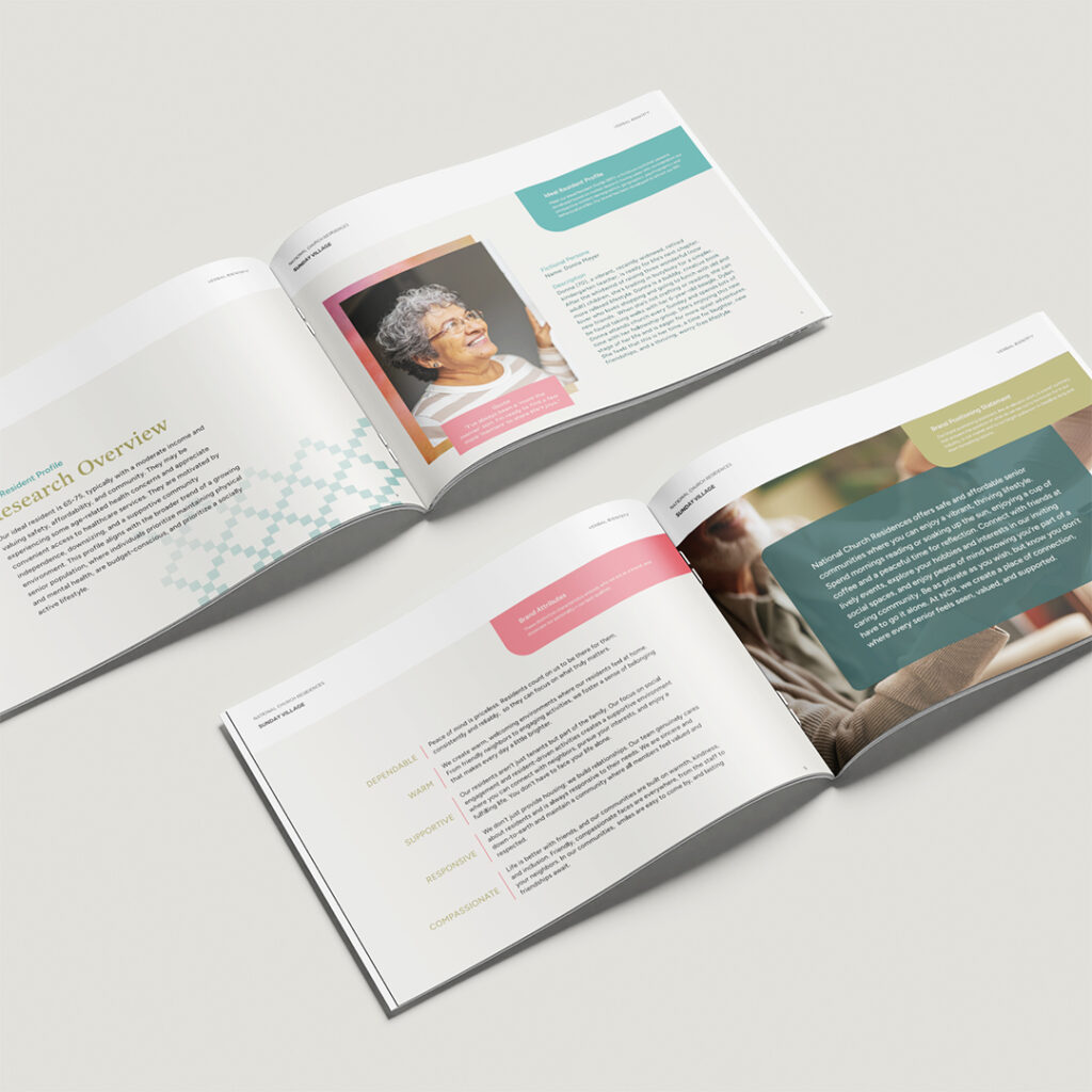 Sunday Village brand guide research overview and verbal identity pages showing ideal resident profile, brand positioning statement, and brand attributes