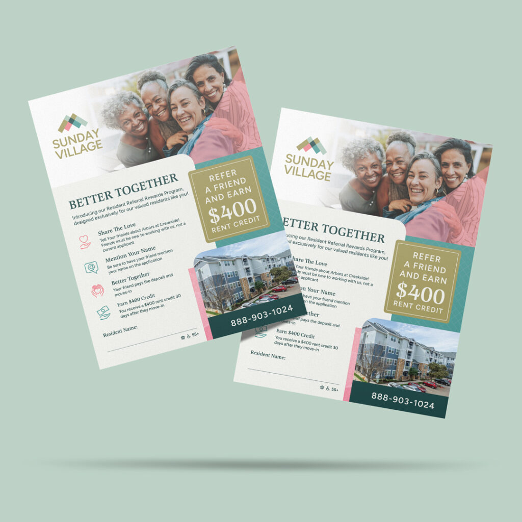 Sunday Village Better Together resident referral program flyer promoting $400 rent credit with program steps and community exterior photo