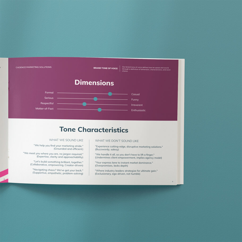 Open brand guidelines spread showing tone of voice dimension sliders ranging from formal to casual and serious to funny, alongside a Tone Characteristics section with "What We Sound Like" and "What We Don't Sound Like" examples
