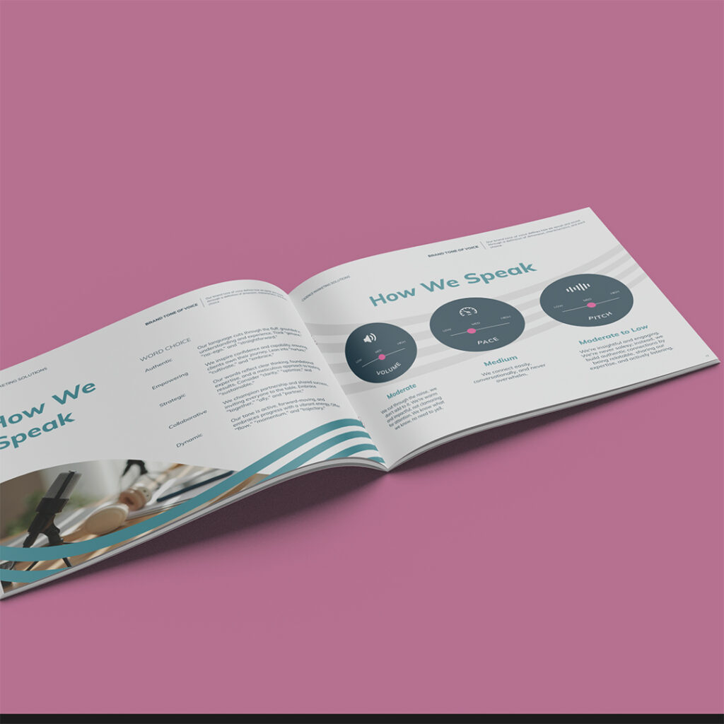 Two open brand guidelines spreads showing the How We Speak section with word choice categories including Authentic, Empowering, Strategic, Collaborative, and Dynamic, plus volume, pace, and pitch guidance displayed as dial graphics