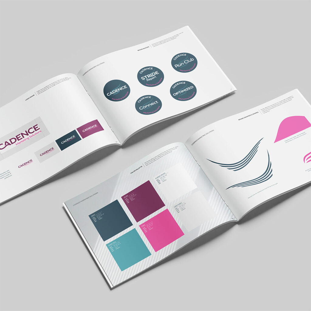 Multiple brand guidelines spreads fanned open showing the five circular brand badges for Cadence, STRIDE Report, Run Club, Connect, and Optimized; the six-color brand palette with navy, plum, dark teal, pink, almost white, and light grey; and brand graphics including the swoop element and wing mark