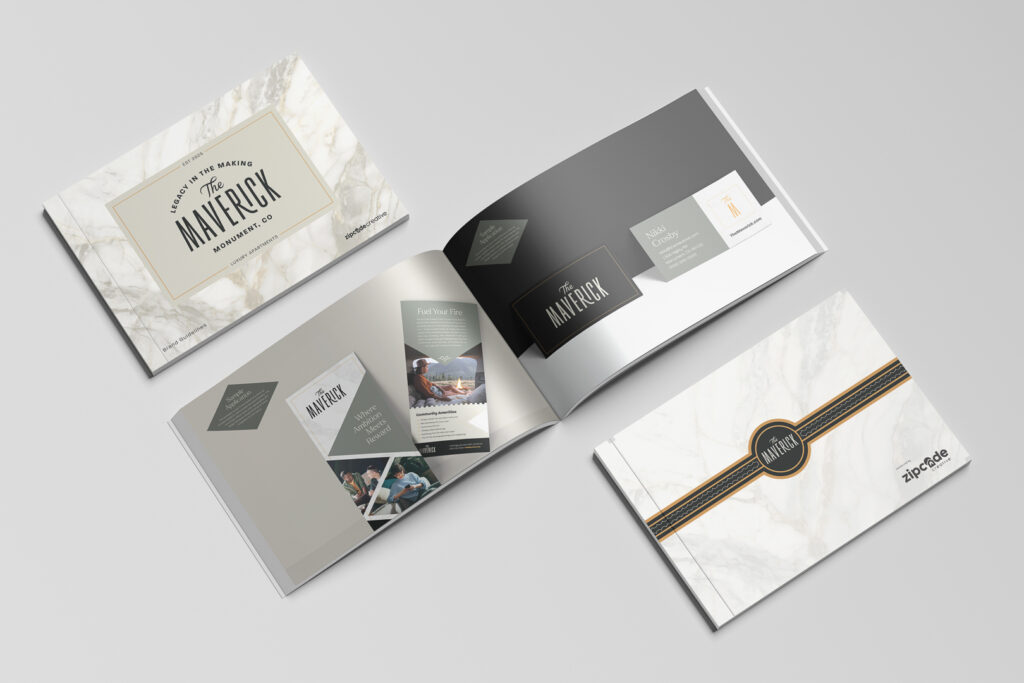 Multiple views of The Maverick brand guidelines book showing the marble cover, sample applications spread, and back cover with Zipcode Creative logo