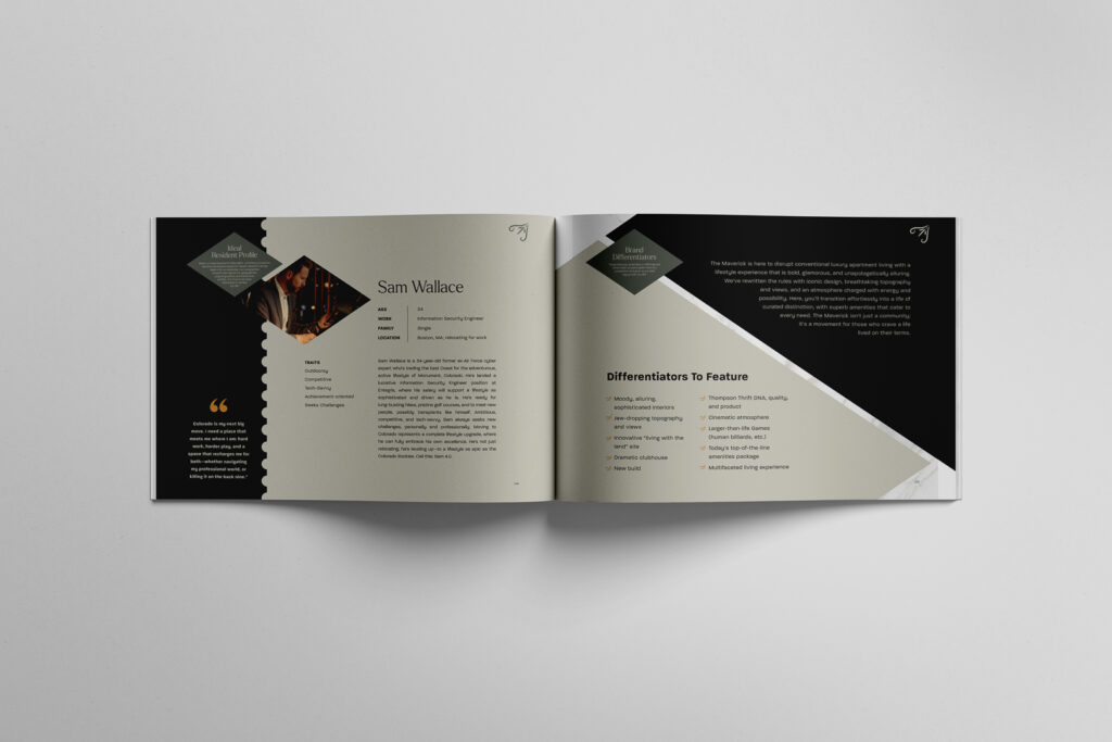 Brand guidelines spread featuring the Ideal Resident Profile of Sam Wallace and a list of brand differentiators including moody interiors, dramatic clubhouse, and cinematic atmosphere