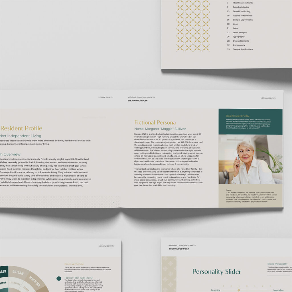 Brookwood Point brand guidelines open to the ideal resident profile spread with research overview and a fictional persona narrative