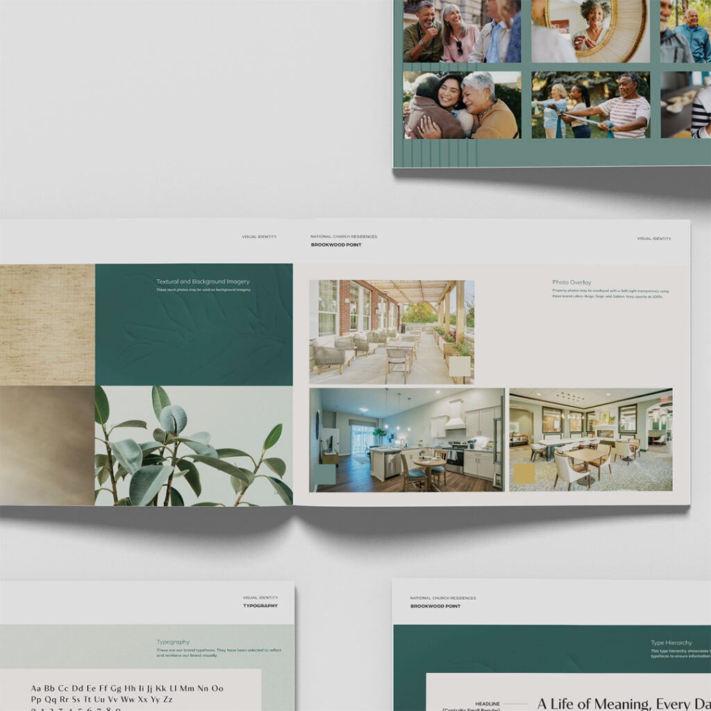 Brookwood Point brand guidelines showing linen and foliage background textures beside property photos with brand color overlays applied